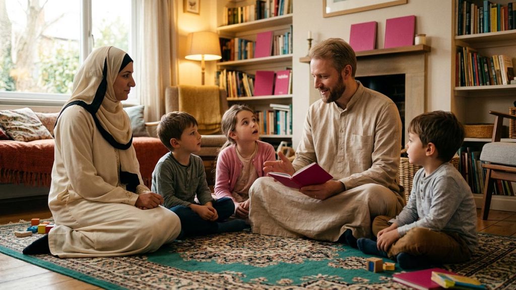 A Muslim family in a family room where children sit listening to a parent, an opening scene for the Dua for Obedient Children.