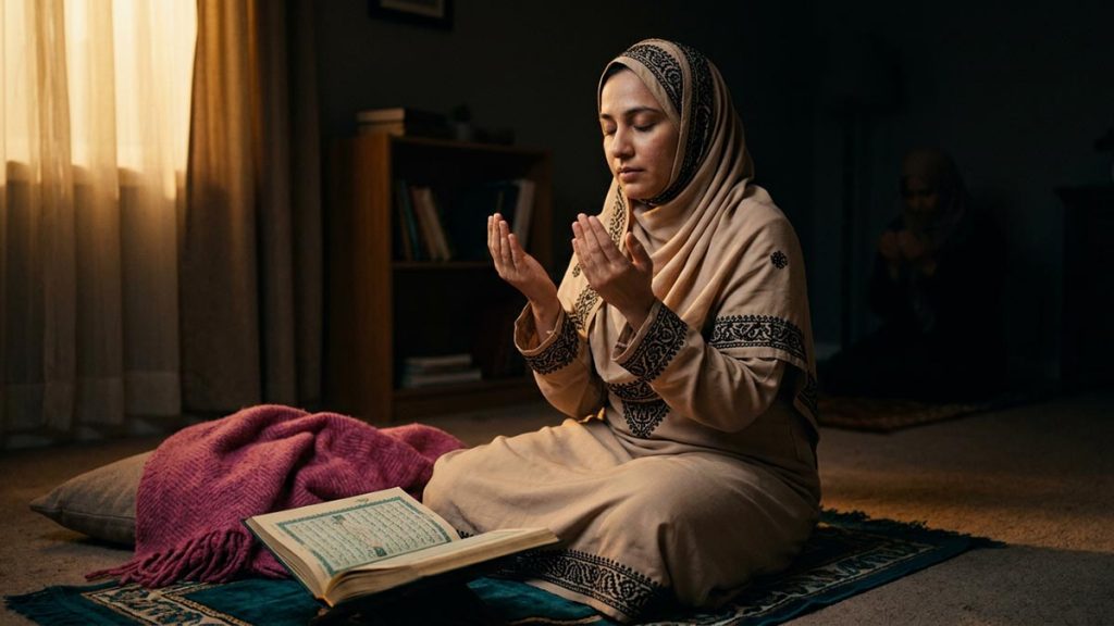 A Muslim woman in a quiet room where someone prays for others far away, an opening scene for the Dua for Oppressed People.