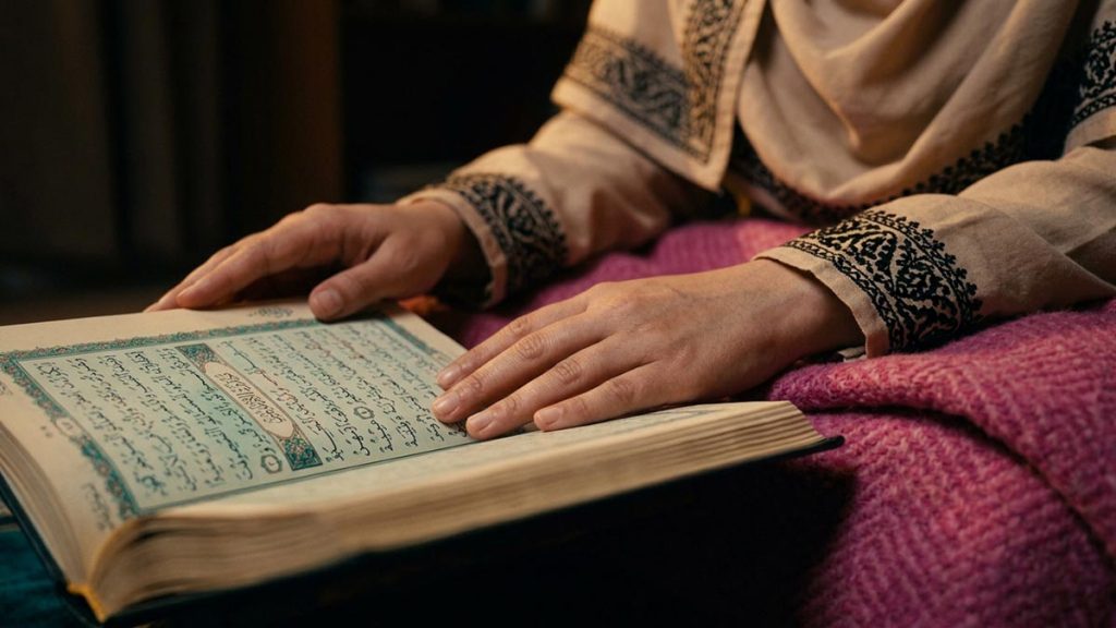 Close view of a Muslim woman's hands and the open Quran and a folded blanket during the Dua for Oppressed People.