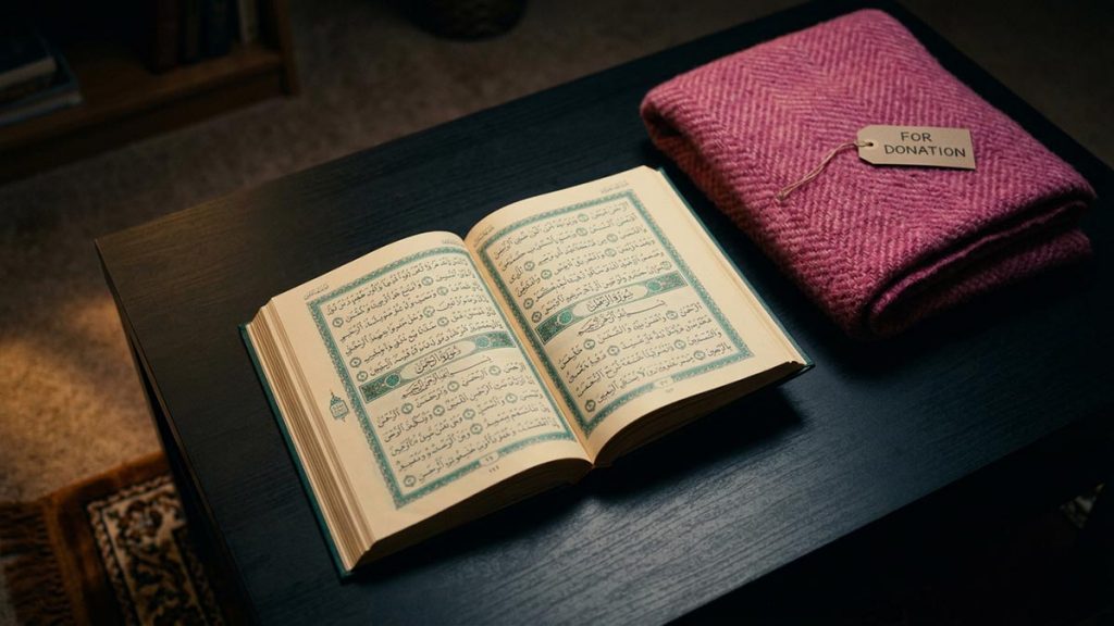A still-life of an open Quran and a folded blanket set aside for donation, illustrating the Dua for Oppressed People.