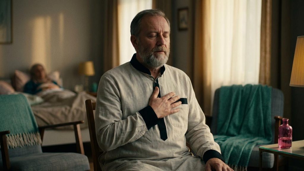A Muslim man in a softly lit room where someone rests, an opening scene for the Dua for Pain.