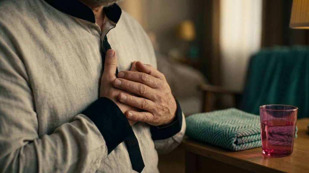 Close view of a Muslim man's hands and the folded compress and a glass of water during the Dua for Pain.