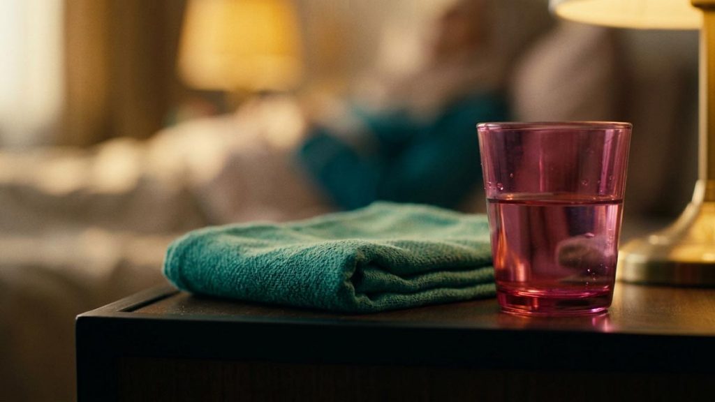 A still-life of a folded compress and a glass of water on a bedside table, illustrating the Dua for Pain.