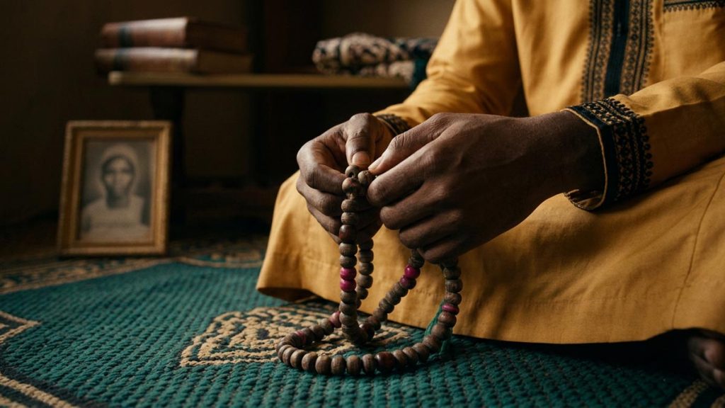 Close view of a Muslim man's hands and the parent's worn prayer beads during the Dua for Parents After Death.