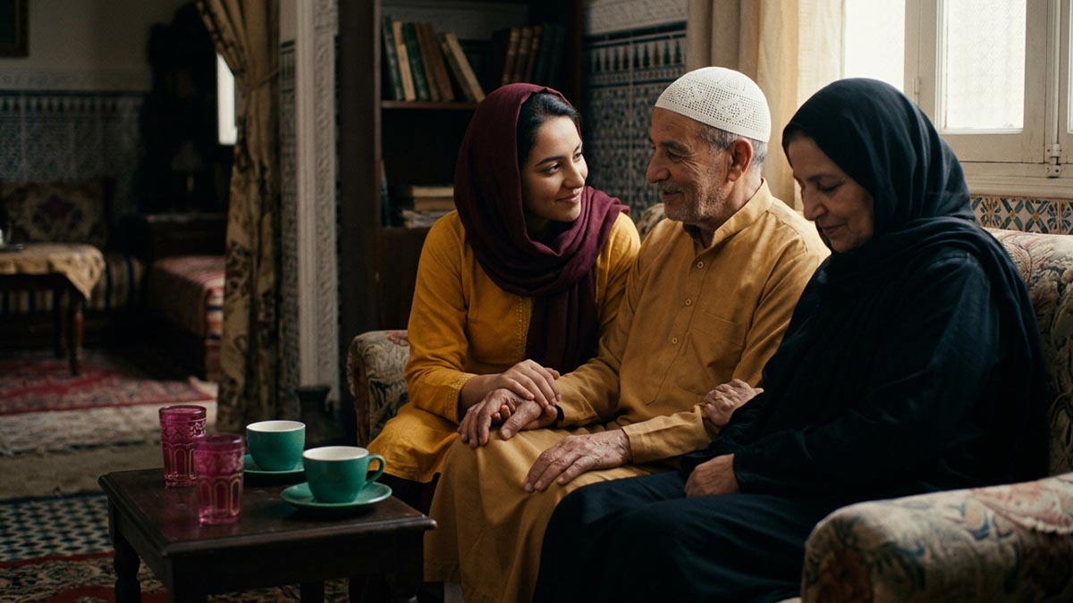 A Muslim family making the Dua for Parents, in a sitting room where an adult child sits with elderly parents.