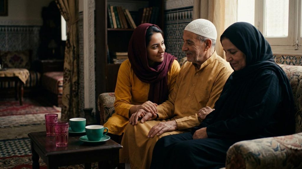 A Muslim family in a sitting room where an adult child sits with elderly parents, an opening scene for the Dua for Parents.