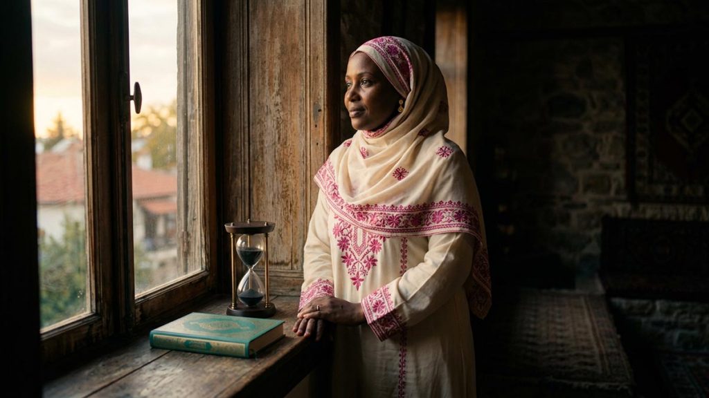 A Muslim woman at a window where the light changes slowly, an opening scene for the Dua for Patience.