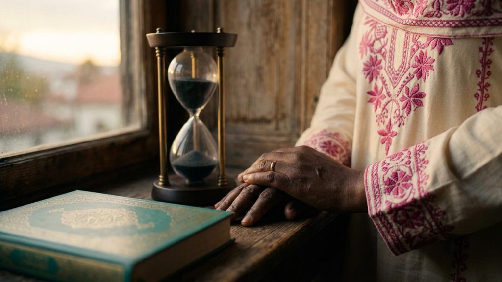 Close view of a Muslim woman's hands and the hourglass and a closed Quran during the Dua for Patience.