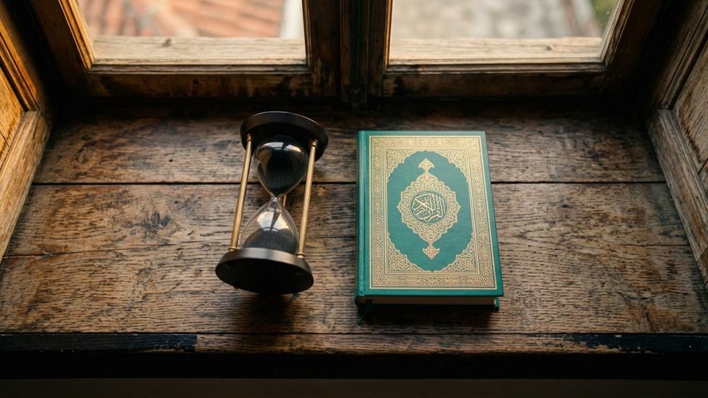 A still-life of an hourglass and a closed Quran on a windowsill, illustrating the Dua for Patience.
