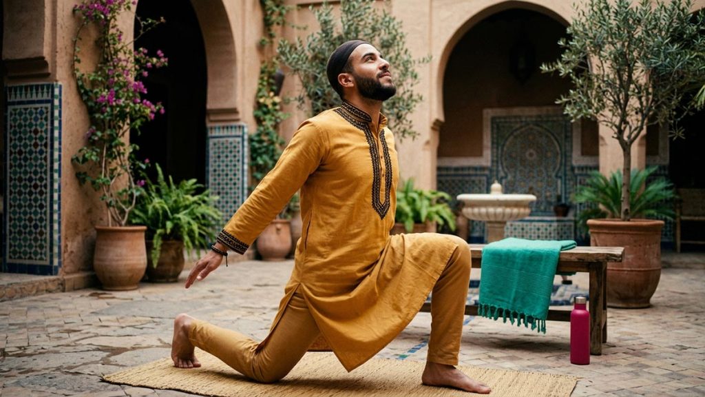 A Muslim man in a courtyard in the cool of the morning, an opening scene for the Dua for Physical Strength.