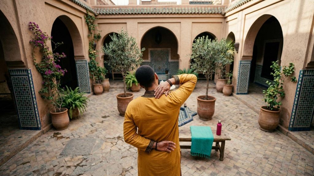 A Muslim man seen from behind in a courtyard in the cool of the morning, reflecting the Dua for Physical Strength.