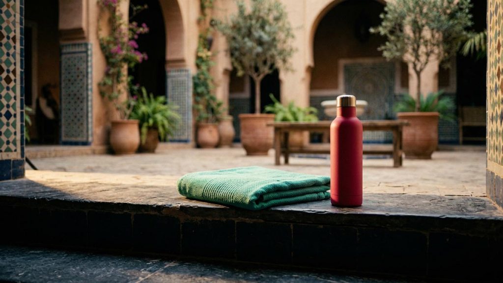 A still-life of a water bottle and a folded towel on a courtyard step in the morning, illustrating the Dua for Physical Strength.