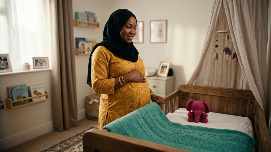 A Muslim woman in a calm bedroom prepared for an expected baby, an opening scene for the Dua for Pregnancy.