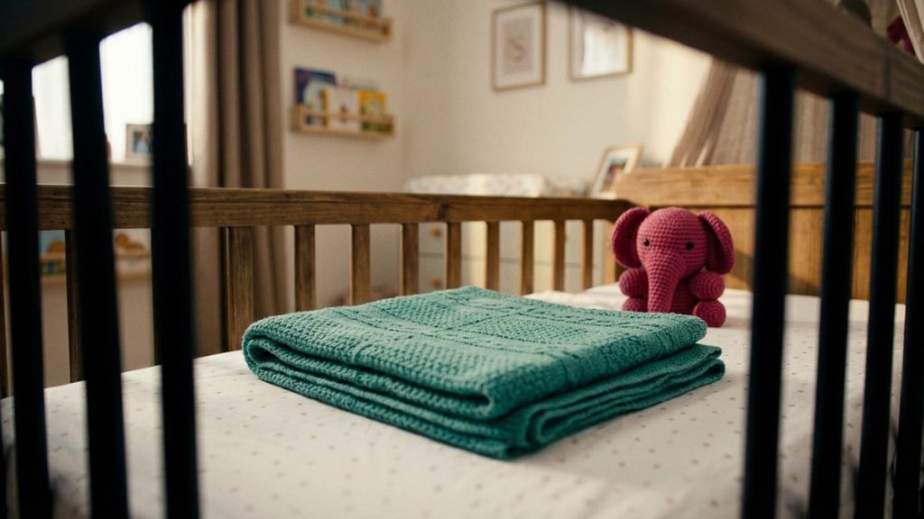 A still-life of a wooden cot with a folded baby blanket and a small toy, illustrating the Dua for Pregnancy.