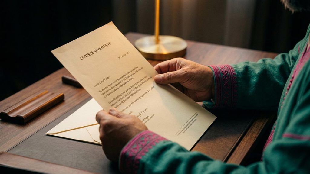 Close view of a Muslim man's hands and the opened letter of appointment during the Dua for Promotion.