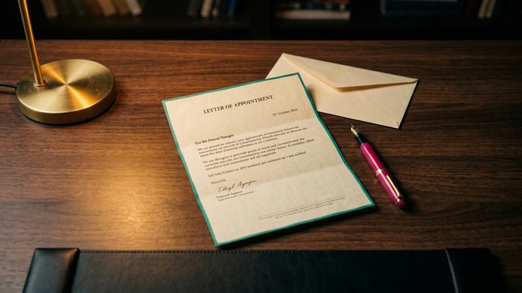 A still-life of an opened letter of appointment on a desk beside a pen, illustrating the Dua for Promotion.