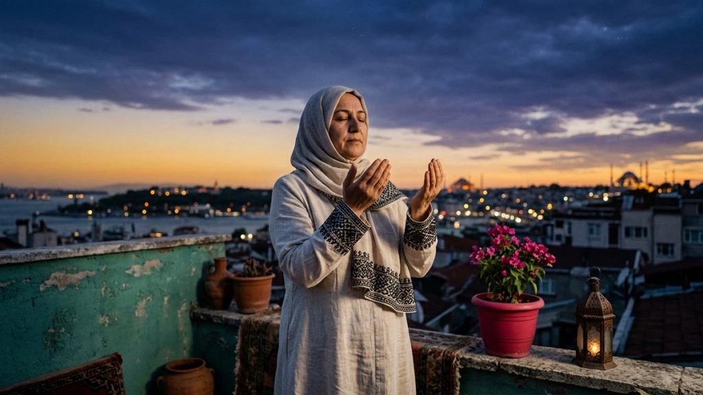 A Muslim woman on a rooftop terrace beneath a wide, darkening sky, an opening scene for the Dua for Protection from Calamities.