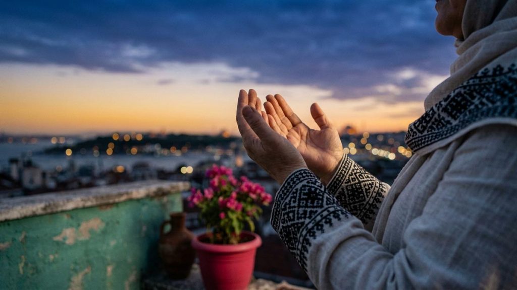 Close view of a Muslim woman's hands and the wide dusk sky during the Dua for Protection from Calamities.