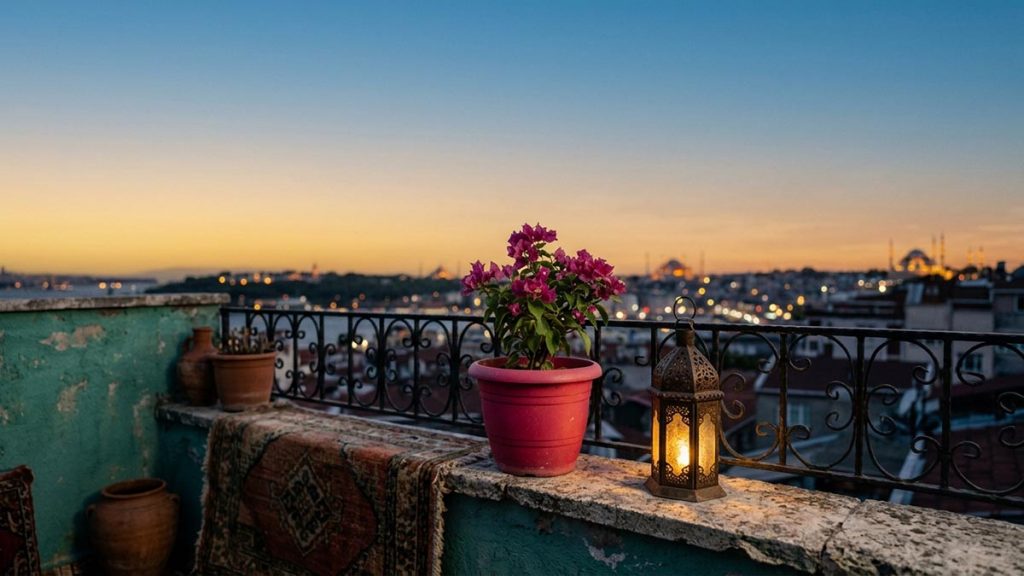 A still-life of a wide dusk sky above a quiet rooftop parapet, illustrating the Dua for Protection from Calamities.