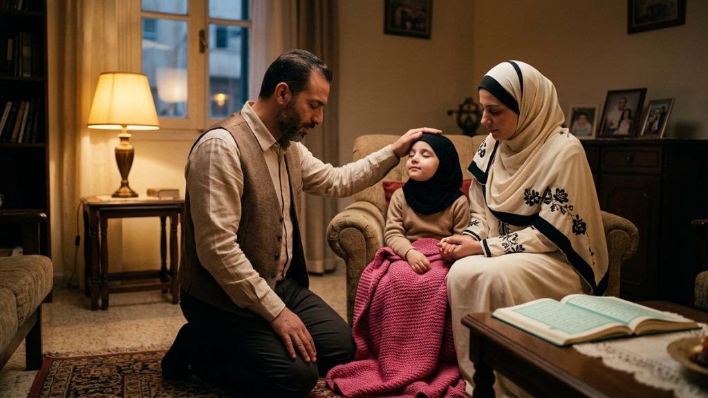 A Muslim family in a family living room in the early evening, an opening scene for the Dua for Protection from Evil Eye.