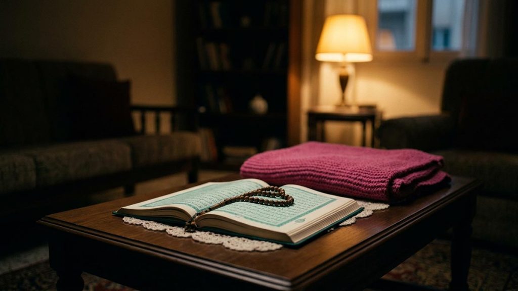 A still-life of an open Quran and prayer beads on a low table beside a sleeping child's blanket, illustrating the Dua for Protection from Evil Eye.