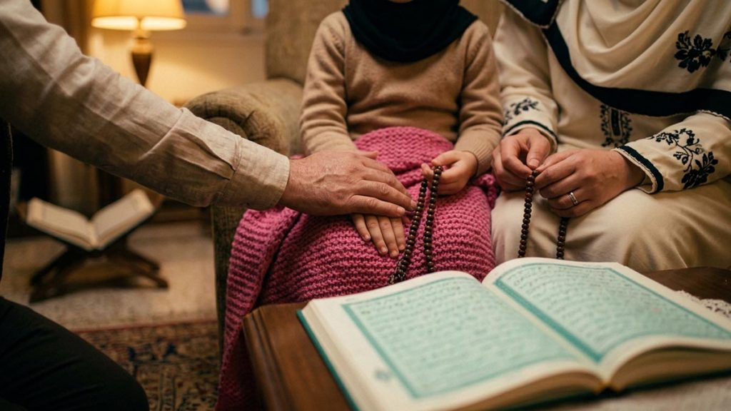 Close view of a Muslim family's hands and the open Quran and prayer beads during the Dua for Protection from Evil Eye.