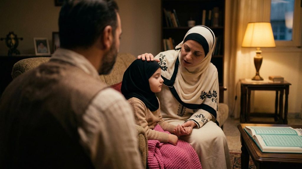 A Muslim family seen from behind in a family living room in the early evening, reflecting the Dua for Protection from Evil Eye.