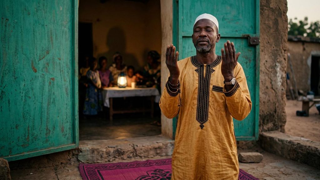 A Muslim man at the doorway of a home in the evening light, an opening scene for the Dua for Protection from Harm.