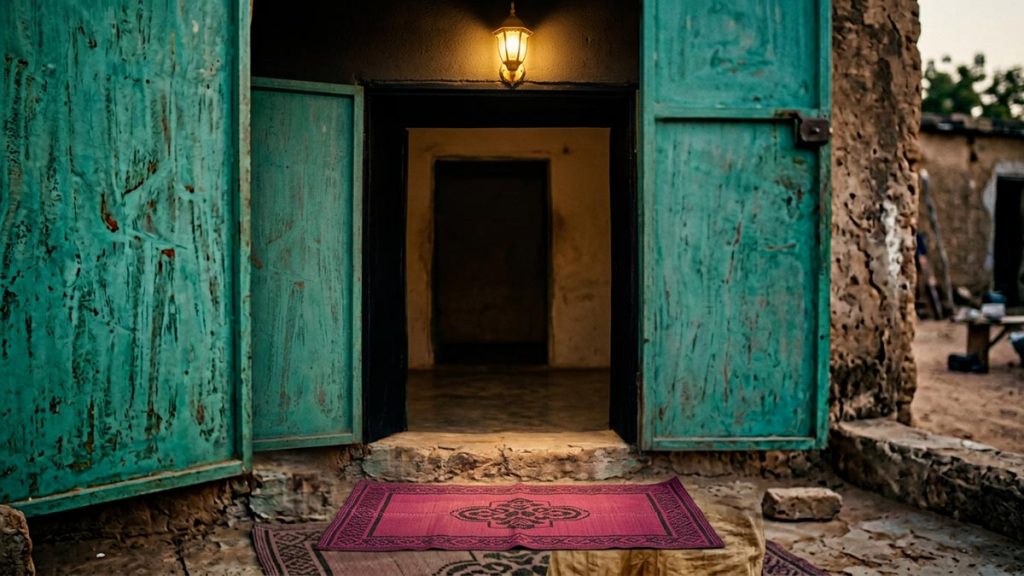 A still-life of a doorway with a lamp lit above it and a mat at the threshold, illustrating the Dua for Protection from Harm.