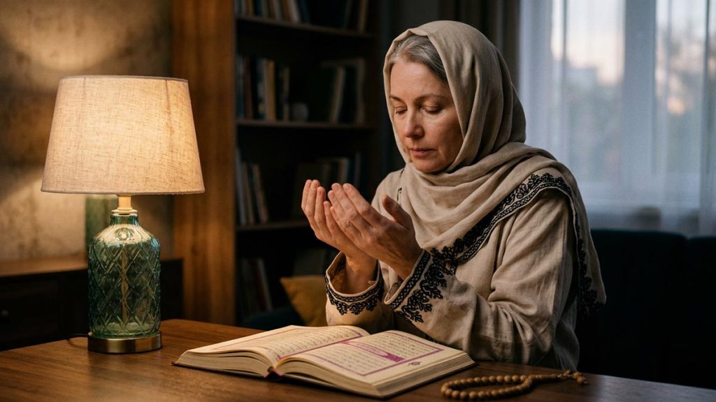 A Muslim woman in a quiet room lit by one steady lamp, an opening scene for the Dua for Protection from Hellfire.