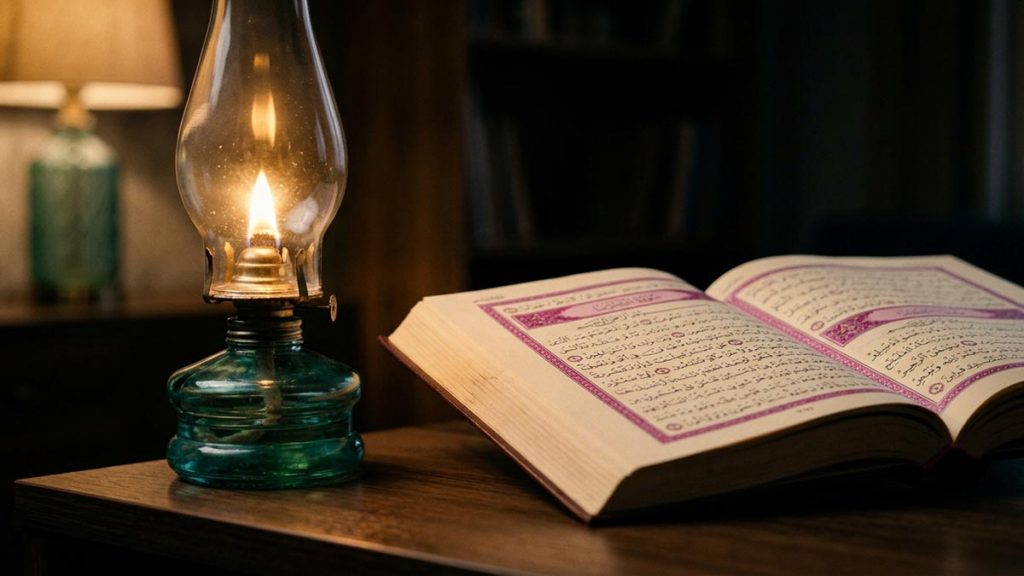 A still-life of a single lamp burning steadily beside an open Quran, illustrating the Dua for Protection from Hellfire.