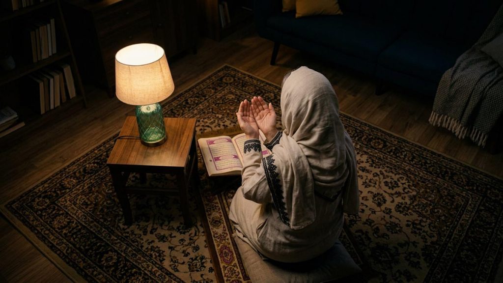 A Muslim woman seen from behind in a quiet room lit by one steady lamp, reflecting the Dua for Protection from Hellfire.
