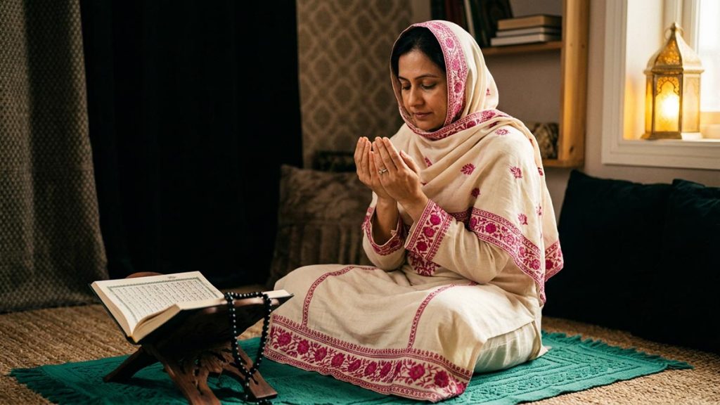 A Muslim woman in a prayer corner with an open Quran, an opening scene for the Dua for Protection from Shaytan.