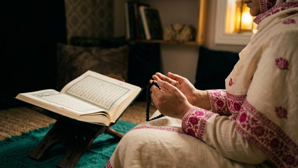 Close view of a Muslim woman's hands and the prayer mat during the Dua for Protection from Shaytan.