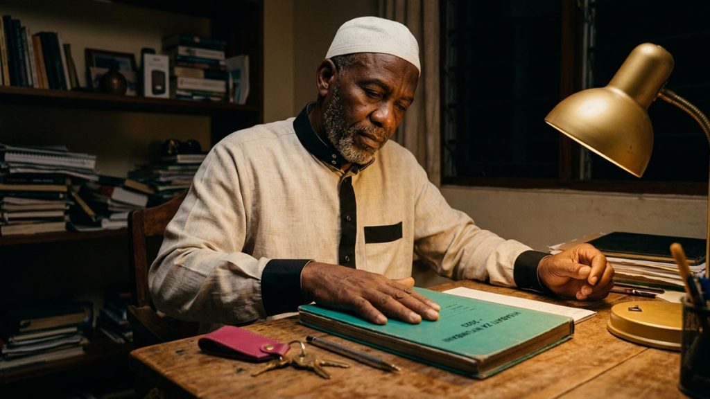 A Muslim man at a desk where household accounts are kept, an opening scene for the Dua for Protection of Wealth.