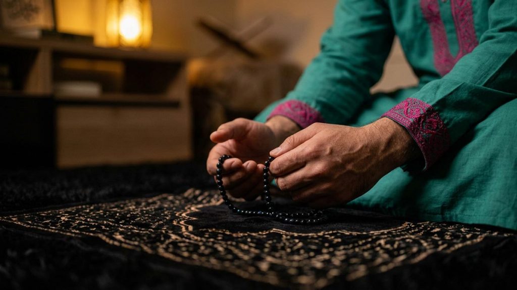 Close view of a Muslim man's hands and the prayer mat during the Dua for Protection.