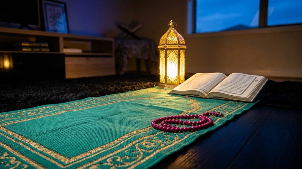 A still-life of a prayer mat with an open Quran and a lit lamp at dusk, illustrating the Dua for Protection.