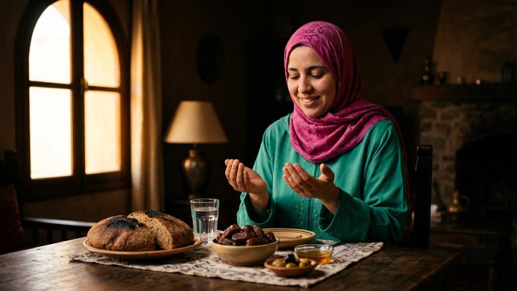 A Muslim woman at a table laid with bread, dates and water, an opening scene for the Dua for Provision.