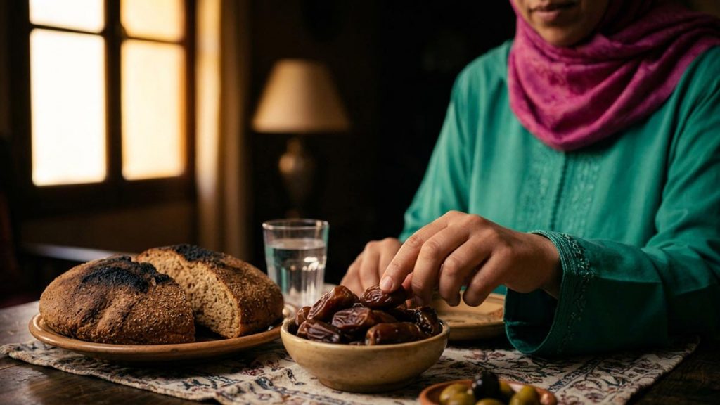 Close view of a Muslim woman's hands and the bread during the Dua for Provision.