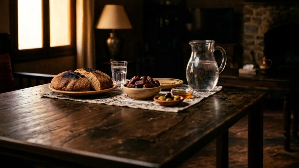 A still-life of bread, dates and a jug of water arranged on a plain table, illustrating the Dua for Provision.