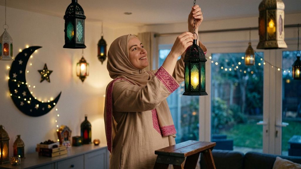 A Muslim woman in a home decorated with lanterns for Ramadan, an opening scene for the Dua for Ramadan.