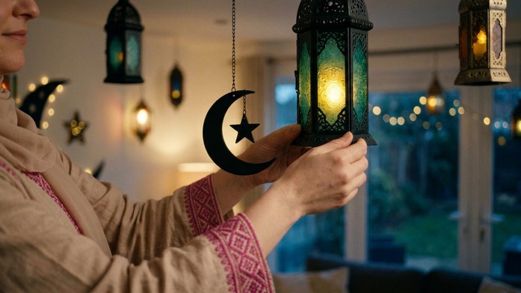 Close view of a Muslim woman's hands and the hanging lanterns and a crescent decoration during the Dua for Ramadan.