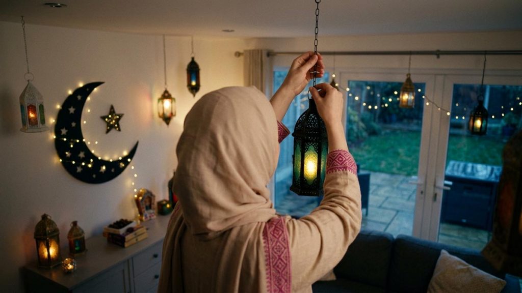 A Muslim woman seen from behind in a home decorated with lanterns for Ramadan, reflecting the Dua for Ramadan.