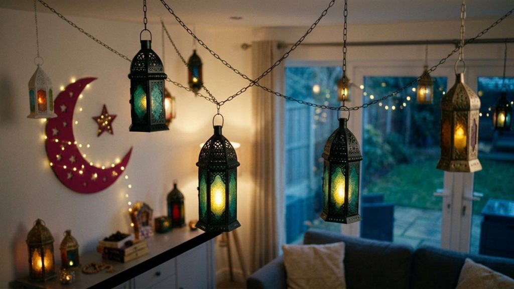 A still-life of hanging lanterns and a crescent decoration in a home at dusk, illustrating the Dua for Ramadan.