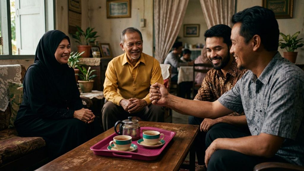 A Muslim family in a sitting room where two family members make peace, an opening scene for the Dua for Reconciliation.