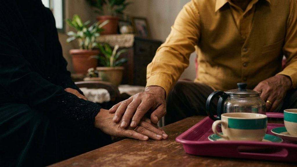 Close view of a Muslim family's hands and the two cups of tea during the Dua for Reconciliation.