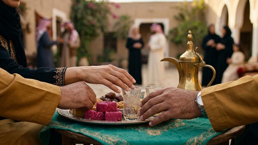 Close view of a Muslim family's hands and the tray of tea glasses and sweets prepared for visiting relatives during the Dua for Relatives.