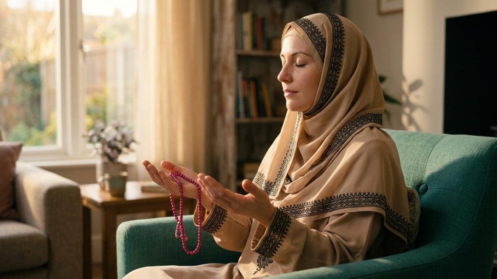 A Muslim woman in a still room where a worried mind settles, an opening scene for the Dua for Relief from Worry.