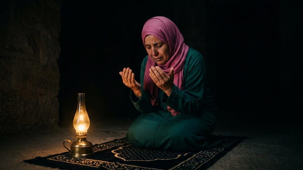 A Muslim woman on a prayer mat in the darkest part of the night, an opening scene for the Dua for Repentance.