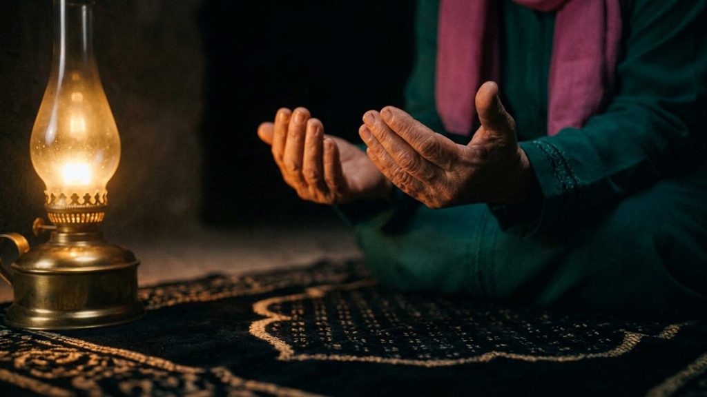 Close view of a Muslim woman's hands and the prayer mat during the Dua for Repentance.